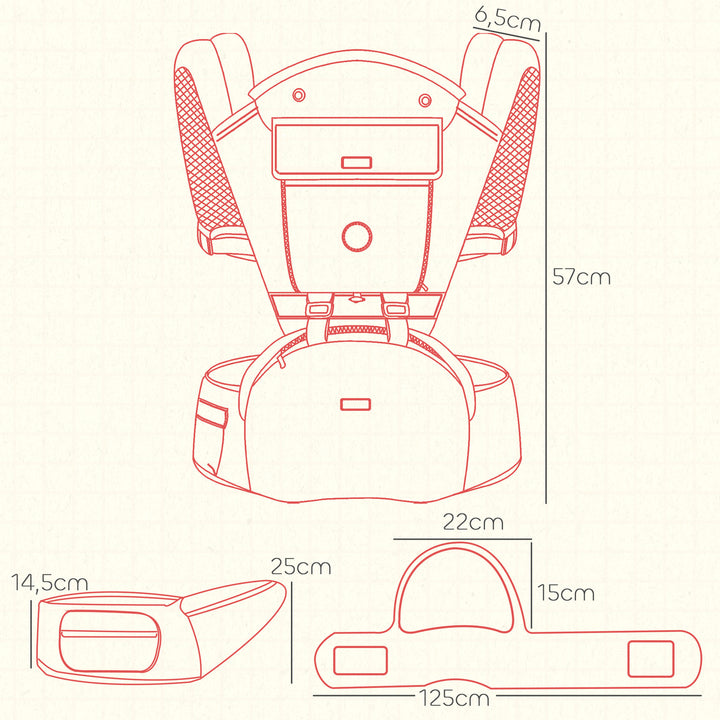 Marsúpio para Recém Nascidos até 36 Meses Mochila Porta Bebés com Assento Amovível Cinto Ajustável e Bolso de Armazenamento Carga 15 kg 40x30x57 cm Cinza