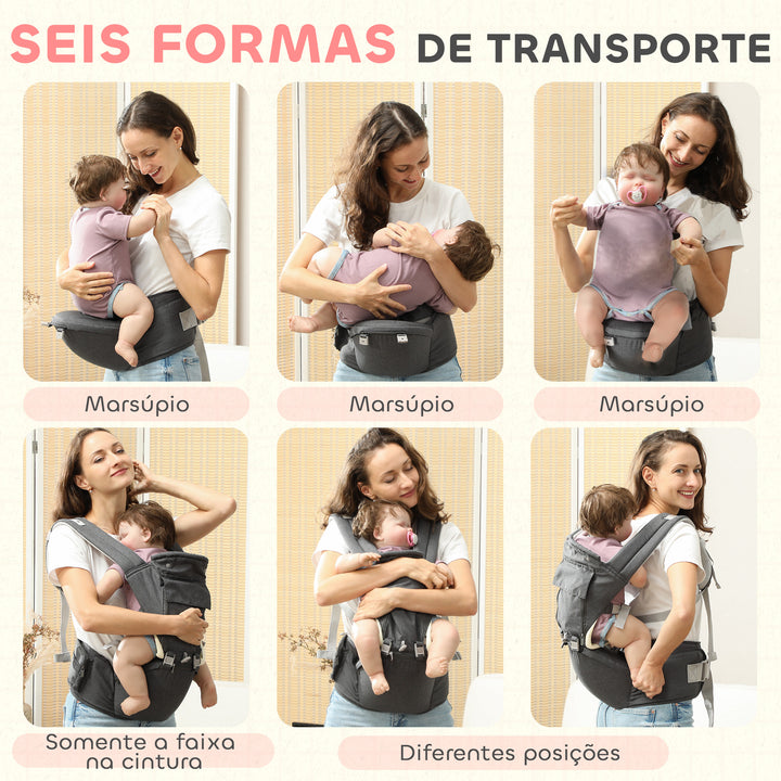 Marsúpio para Recém Nascidos até 36 Meses Mochila Porta Bebés com Assento Amovível Cinto Ajustável e Bolso de Armazenamento Carga 15 kg 40x30x57 cm Cinza