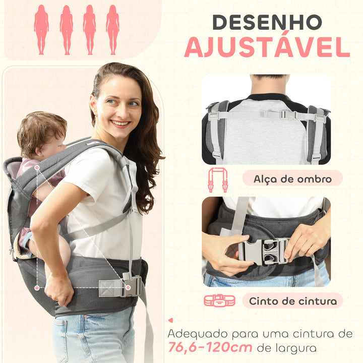 Marsúpio para Recém Nascidos até 36 Meses Mochila Porta Bebés com Assento Amovível Cinto Ajustável e Bolso de Armazenamento Carga 15 kg 40x30x57 cm Cinza