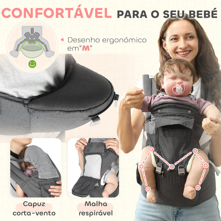 Marsúpio para Recém Nascidos até 36 Meses Mochila Porta Bebés com Assento Amovível Cinto Ajustável e Bolso de Armazenamento Carga 15 kg 40x30x57 cm Cinza