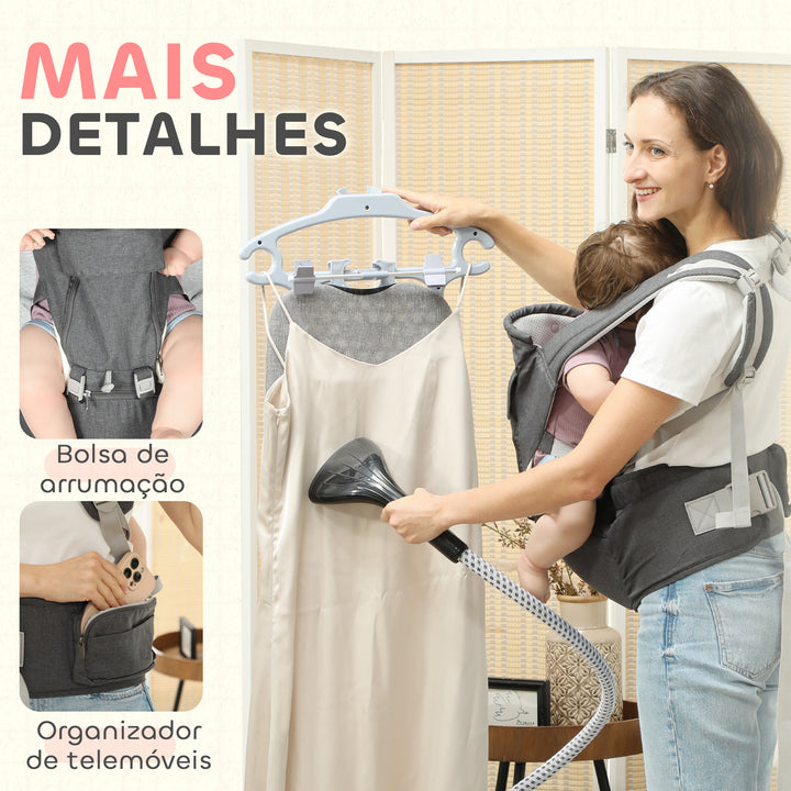 Marsúpio para Recém Nascidos até 36 Meses Mochila Porta Bebés com Assento Amovível Cinto Ajustável e Bolso de Armazenamento Carga 15 kg 40x30x57 cm Cinza