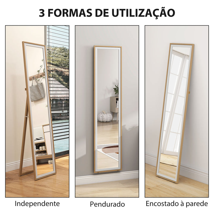 Espelho de Pé 157x37 cm com Moldura em MDF Espelho de Parede Retangular para Pendurar com Suporte 2 Formas de Utilização para Sala de Estar Entrada e Quarto Madeira e Prata