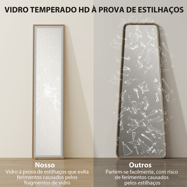 Espelho de Pé 157x37 cm com Moldura em MDF Espelho de Parede Retangular para Pendurar com Suporte 2 Formas de Utilização para Sala de Estar Entrada e Quarto Madeira e Prata