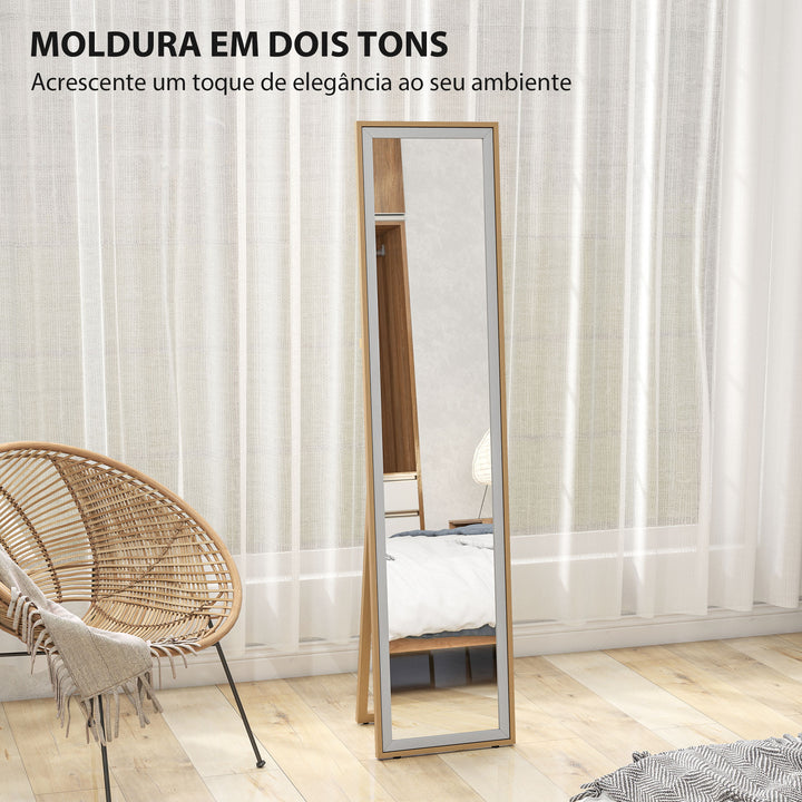 Espelho de Pé 157x37 cm com Moldura em MDF Espelho de Parede Retangular para Pendurar com Suporte 2 Formas de Utilização para Sala de Estar Entrada e Quarto Madeira e Prata