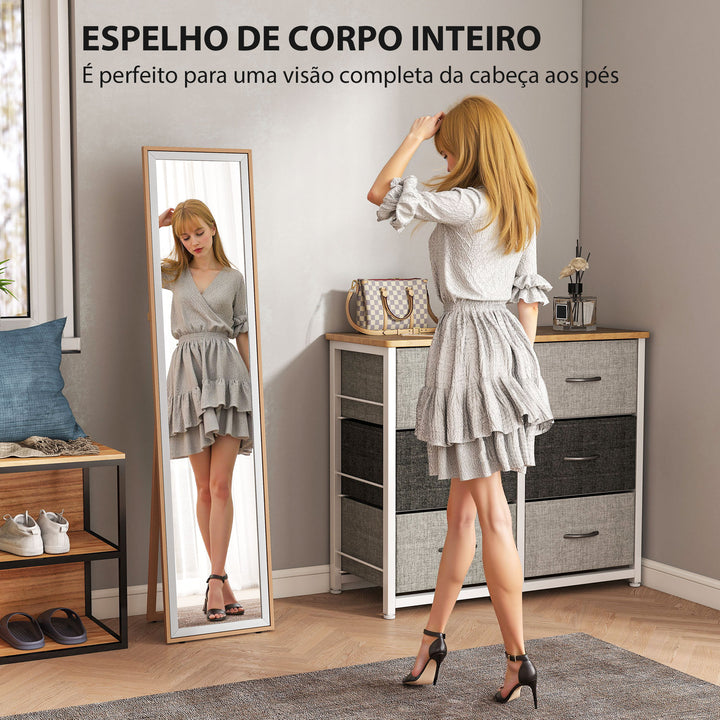 Espelho de Pé 157x37 cm com Moldura em MDF Espelho de Parede Retangular para Pendurar com Suporte 2 Formas de Utilização para Sala de Estar Entrada e Quarto Madeira e Prata