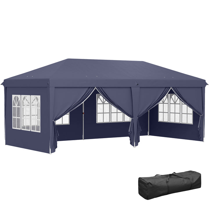 Tenda para Festas 585x295x270 cm com Paredes Laterais Amovíveis Tenda Dobrável com 2 Portas com Fecho de Correr 4 Janelas e Bolsa de Transporte Azul