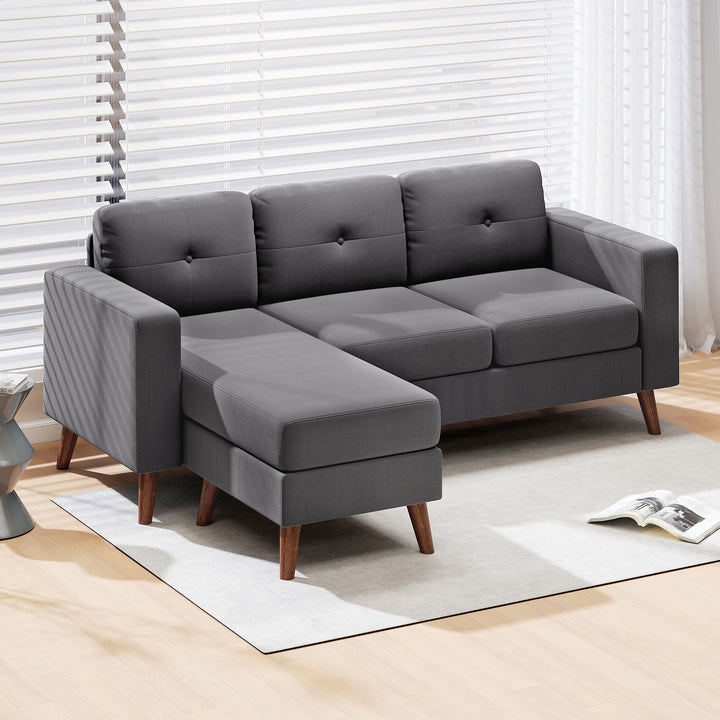Sofá Chaise Longue Reversível Sofá de Canto em Forma de L de 3 Lugares Estofado em Veludo Cotelê Estrutura de Aço para Espaços Reduzidos Sala 192x137x84 cm Cinzento Escuro