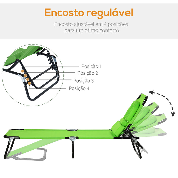 Espreguiçadeira Dobrável com Encosto Ajustável em 4 Posições Espreguiçadeira de Jardim com Almofada Estrutura de Aço Tecido Oxford para Acampamento Praia Terraço 190x56x28cm Verde