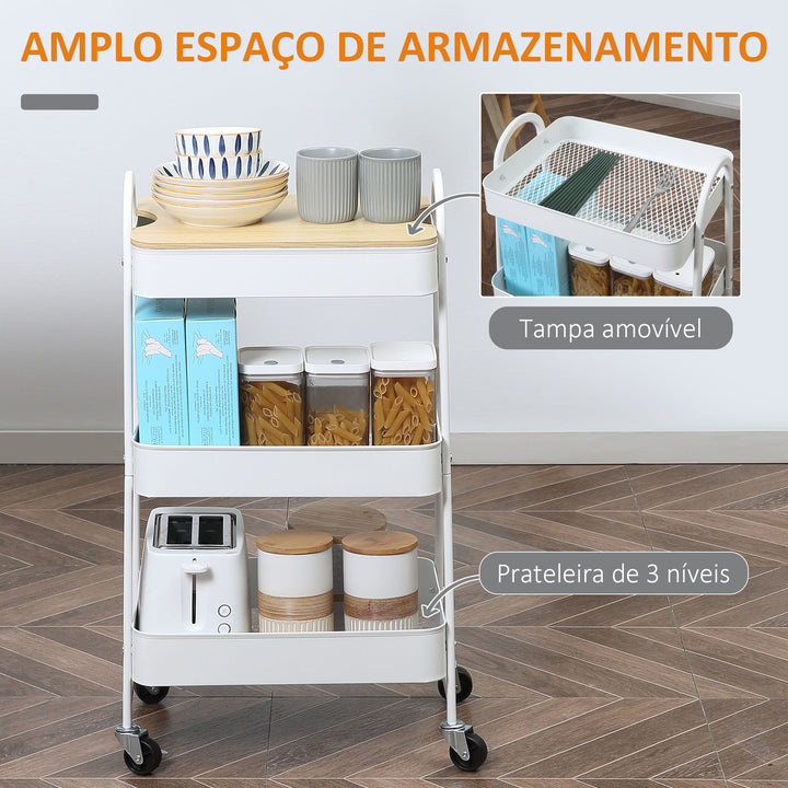 Carrinho Auxiliar com Rodas de 3 Níveis Carrinho de Cozinha com 3 Cestas de Aço e 1 Bancada de Madeira para Sala de Estar Casa de Banho 45x31x79,4 cm Branco