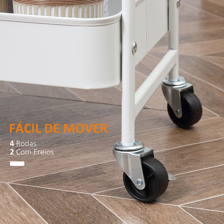 Carrinho Auxiliar com Rodas de 3 Níveis Carrinho de Cozinha com 3 Cestas de Aço e 1 Bancada de Madeira para Sala de Estar Casa de Banho 45x31x79,4 cm Branco