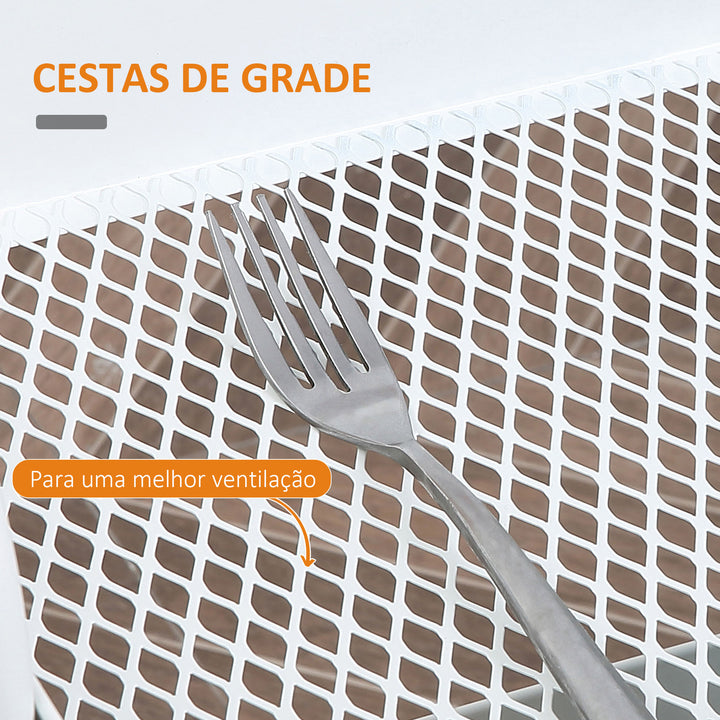 Carrinho Auxiliar com Rodas de 3 Níveis Carrinho de Cozinha com 3 Cestas de Aço e 1 Bancada de Madeira para Sala de Estar Casa de Banho 45x31x79,4 cm Branco