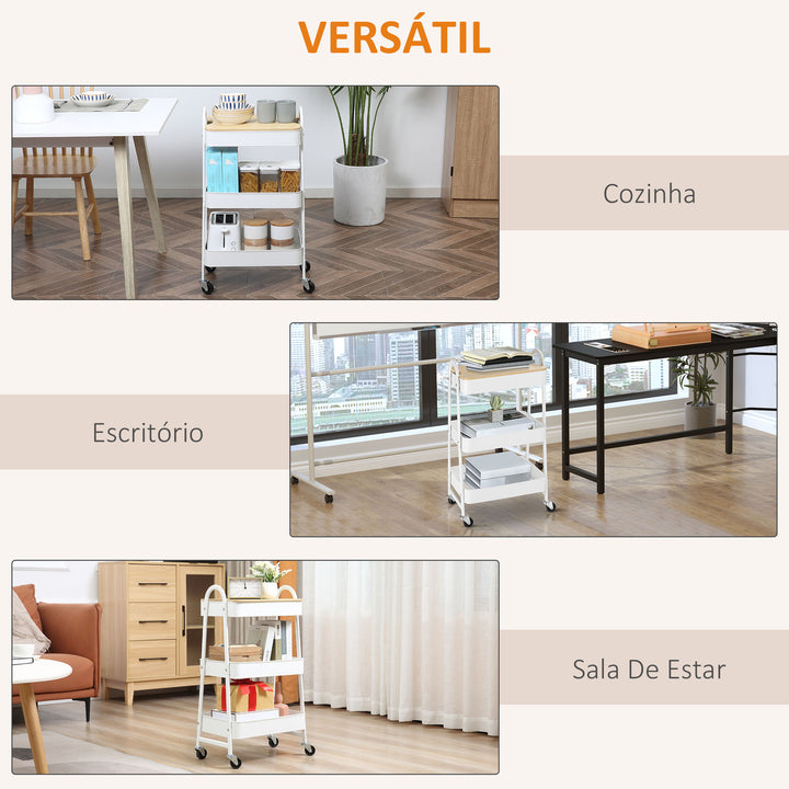 Carrinho Auxiliar com Rodas de 3 Níveis Carrinho de Cozinha com 3 Cestas de Aço e 1 Bancada de Madeira para Sala de Estar Casa de Banho 45x31x79,4 cm Branco