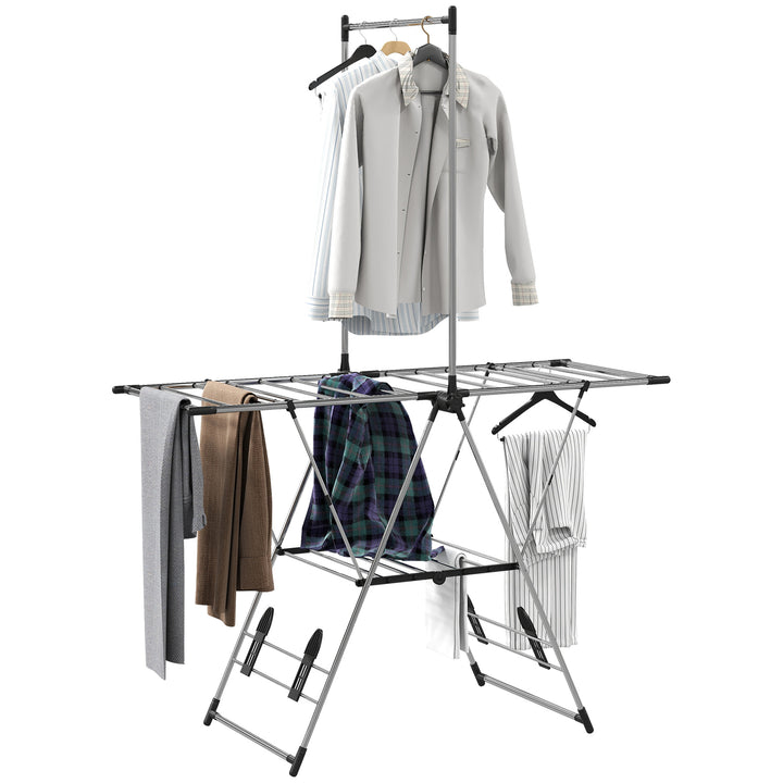 Estendal Vertical Dobrável Estendal de Roupa com Laterais Ajustáveis em 5 Níveis 4 Suportes para Calçado Barra e Prateleira Estrutura em Aço Inoxidável para Interior e Exterior 139x62,5x201 cm