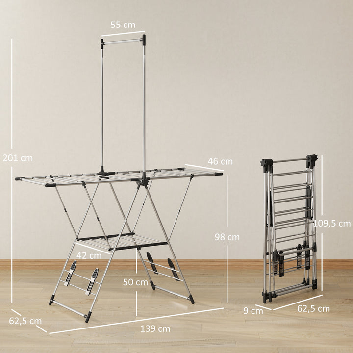 Estendal Vertical Dobrável Estendal de Roupa com Laterais Ajustáveis em 5 Níveis 4 Suportes para Calçado Barra e Prateleira Estrutura em Aço Inoxidável para Interior e Exterior 139x62,5x201 cm