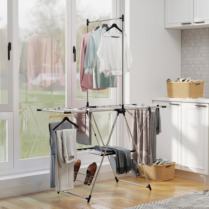 Estendal Vertical Dobrável Estendal de Roupa com Laterais Ajustáveis em 5 Níveis 4 Suportes para Calçado Barra e Prateleira Estrutura em Aço Inoxidável para Interior e Exterior 139x62,5x201 cm