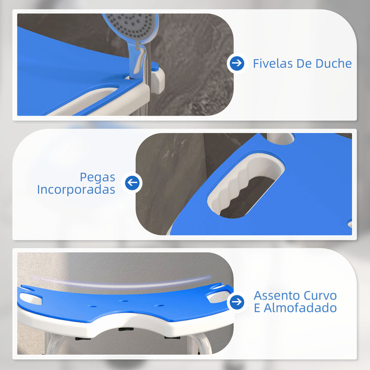 Banco de Duche Cadeira de Duche para Idosos Antiderrapante Banco para Duche com Barra de Apoio por Ventosas Altura Regulável e Assento em Forma de U Capacidade 150 kg 48,5x33x39-51,5 cm Azul