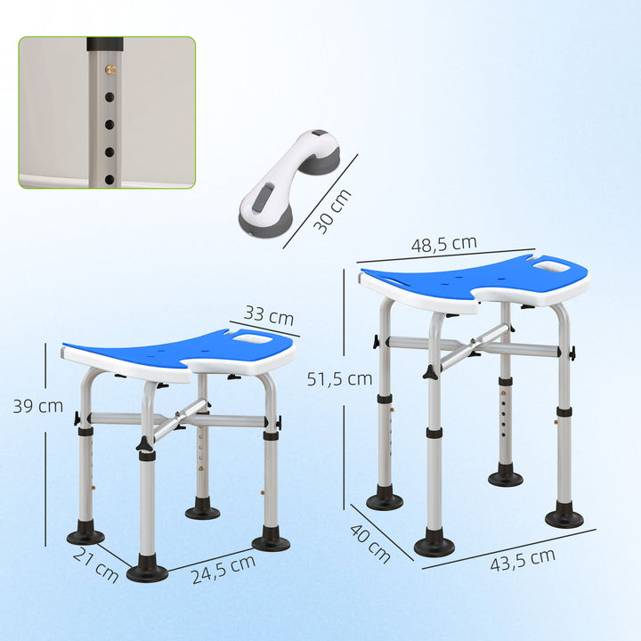 Banco de Duche Cadeira de Duche para Idosos Antiderrapante Banco para Duche com Barra de Apoio por Ventosas Altura Regulável e Assento em Forma de U Capacidade 150 kg 48,5x33x39-51,5 cm Azul
