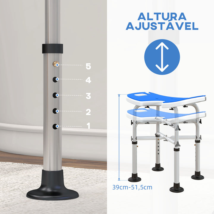 Banco de Duche Cadeira de Duche para Idosos Antiderrapante Banco para Duche com Barra de Apoio por Ventosas Altura Regulável e Assento em Forma de U Capacidade 150 kg 48,5x33x39-51,5 cm Azul