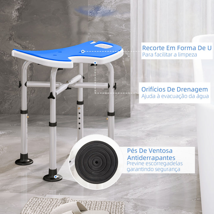Banco de Duche Cadeira de Duche para Idosos Antiderrapante Banco para Duche com Barra de Apoio por Ventosas Altura Regulável e Assento em Forma de U Capacidade 150 kg 48,5x33x39-51,5 cm Azul
