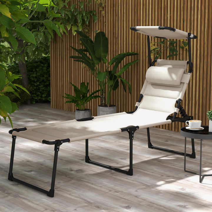 Espreguiçadeira Dobrável Espreguiçadeira de Jardim com Toldo Ajustável Encosto Regulável em 4 Níveis e Apoio de Cabeça para Jardim Terraço Piscina 70x200x45 cm Creme