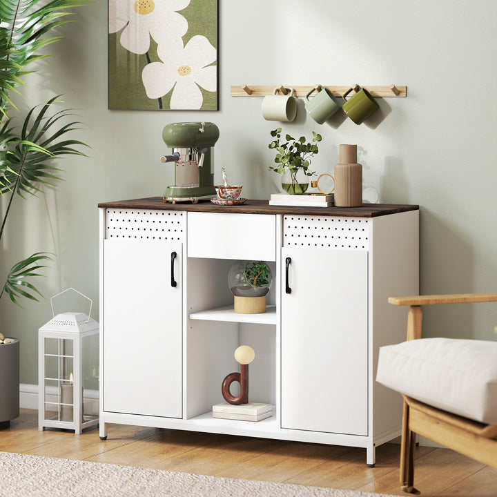 Aparador de 2 Portas com Orifícios Aparador de Sala com 2 Compartimentos e Gaveta Prateleiras Ajustáveis para Cozinha Entrada Dormitório 100x40x80 cm Branco e Castanho Rústico