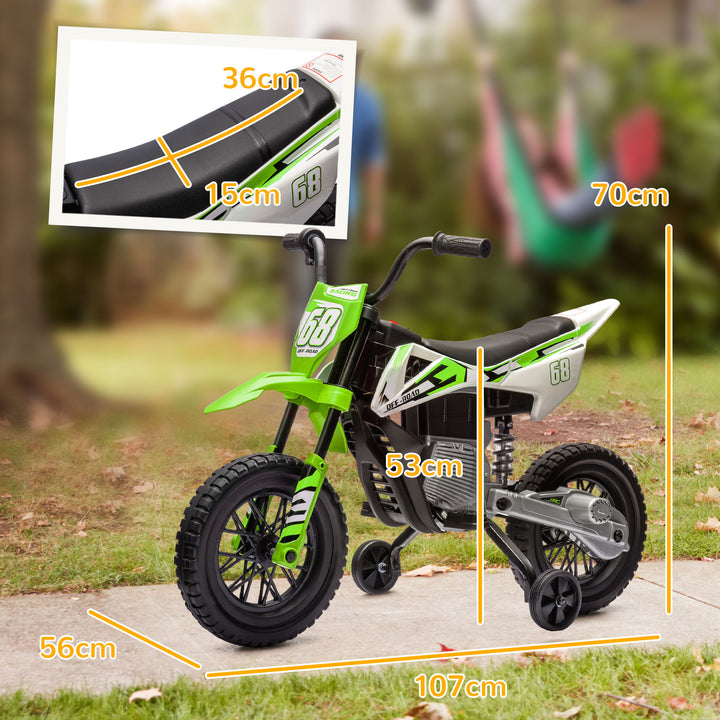 Mota Elétrica para Crianças de +3 Anos Mota Elétrica Infantil com Bateria 12V Música Velocidade 2,4-5 km/h e Rodas Auxiliares Removíveis Carga 30 kg 107x56x70 cm Verde
