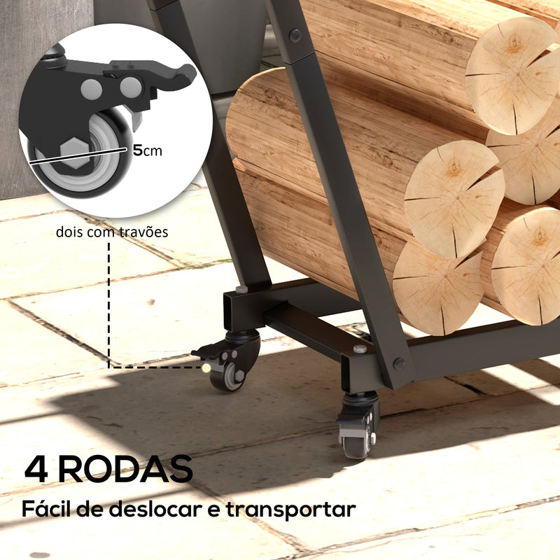 Suporte para Lenha Suporte para Lenha Metálico Lenheiro de Exterior com Rodas e Gancho para Interior e Exterior Carga 50 kg 79x30x81 cm Preto