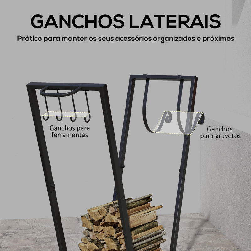 Suporte para Lenha Suporte para Lenha Metálico Lenheiro de Exterior com Rodas e Gancho para Interior e Exterior Carga 50 kg 79x30x81 cm Preto