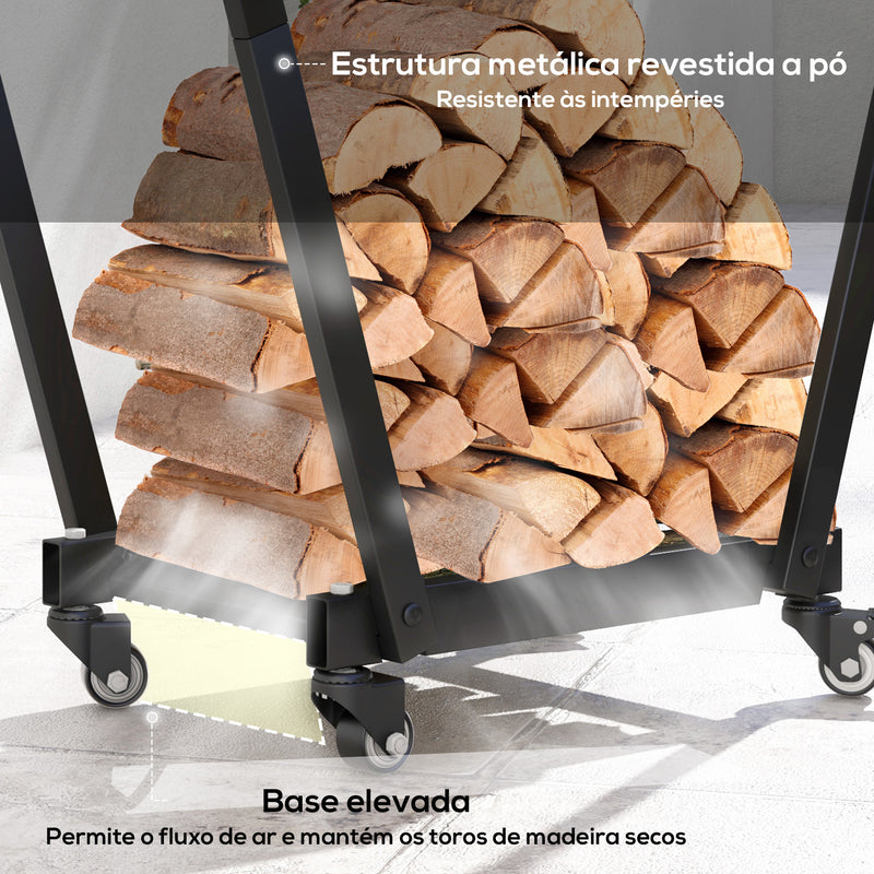 Suporte para Lenha Suporte para Lenha Metálico Lenheiro de Exterior com Rodas e Gancho para Interior e Exterior Carga 50 kg 79x30x81 cm Preto