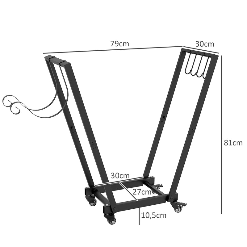 Suporte para Lenha Suporte para Lenha Metálico Lenheiro de Exterior com Rodas e Gancho para Interior e Exterior Carga 50 kg 79x30x81 cm Preto