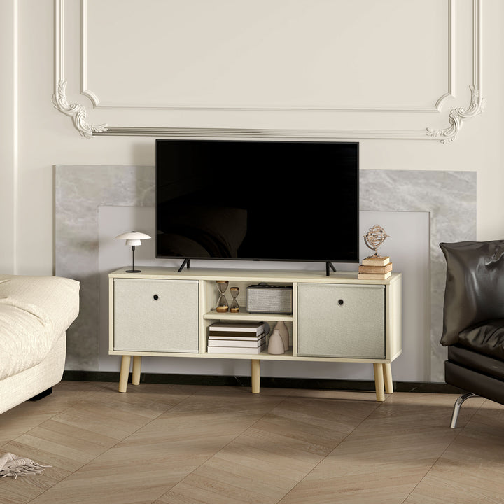 Móvel de TV para Televisores de até 50 Polegadas Móvel de Sala de Estar Moderno com 2 Gavetas de Tecido 2 Prateleiras Abertas e Orifício Passa Cabos 110x29x46,5 cm Madeira Clara e Bege