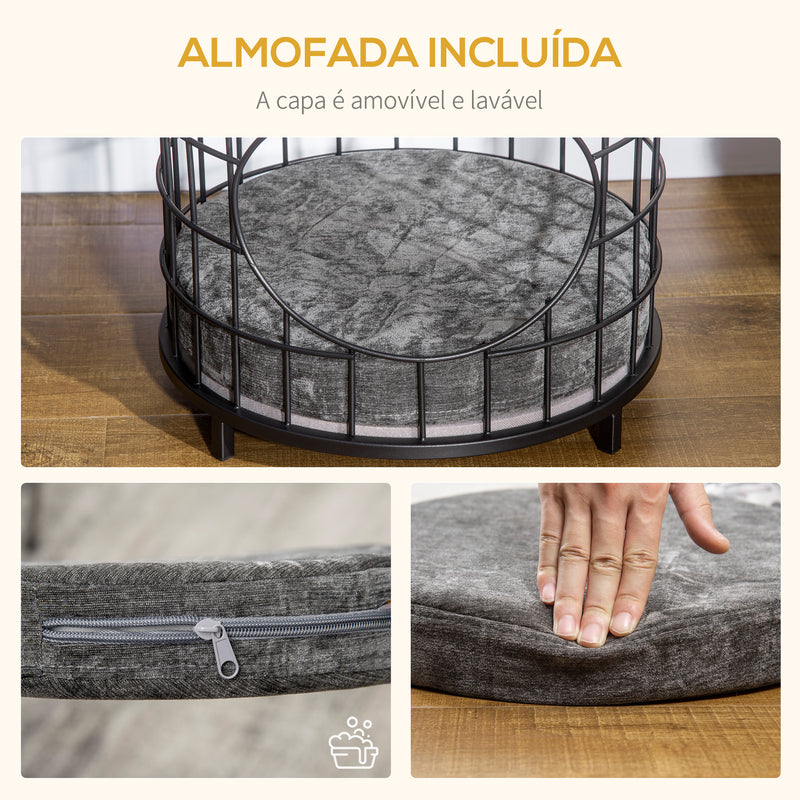 Mesa Auxiliar Mesa Lateral com 1 Orifício para Gatos Pequenos com Almofada Lavável Estrutura de Aço para Sala de Estar Dormitório 40x40x40cm Preto e Cinza