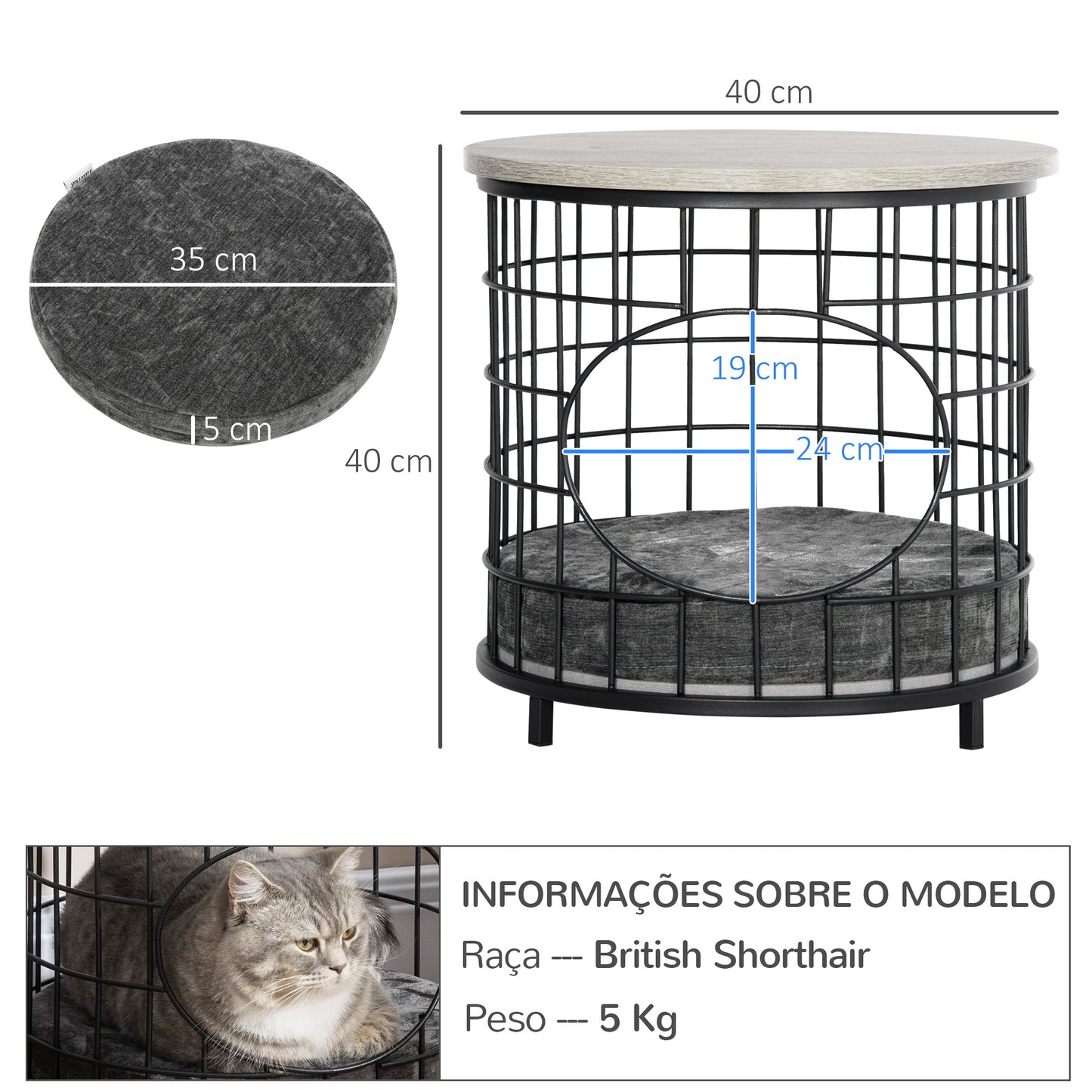 Mesa Auxiliar Mesa Lateral com 1 Orifício para Gatos Pequenos com Almofada Lavável Estrutura de Aço para Sala de Estar Dormitório 40x40x40cm Preto e Cinza