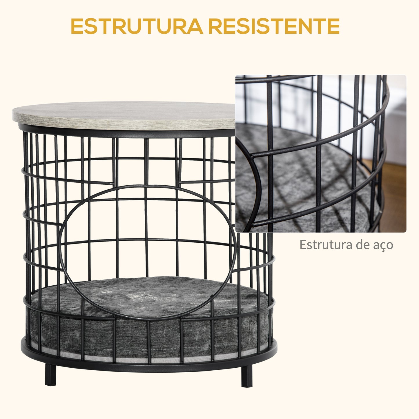 Mesa Auxiliar Mesa Lateral com 1 Orifício para Gatos Pequenos com Almofada Lavável Estrutura de Aço para Sala de Estar Dormitório 40x40x40cm Preto e Cinza