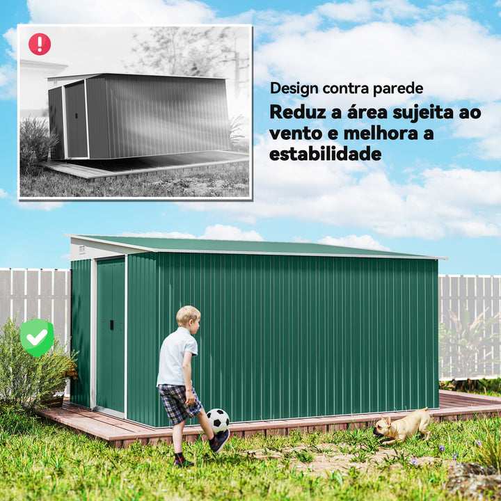 Abrigo de Jardim 280x345x201 cm 8,9 m² Abrigo de Exterior de Aço para Armazenamento de Ferramentas com Portas e 2 Janelas Verde