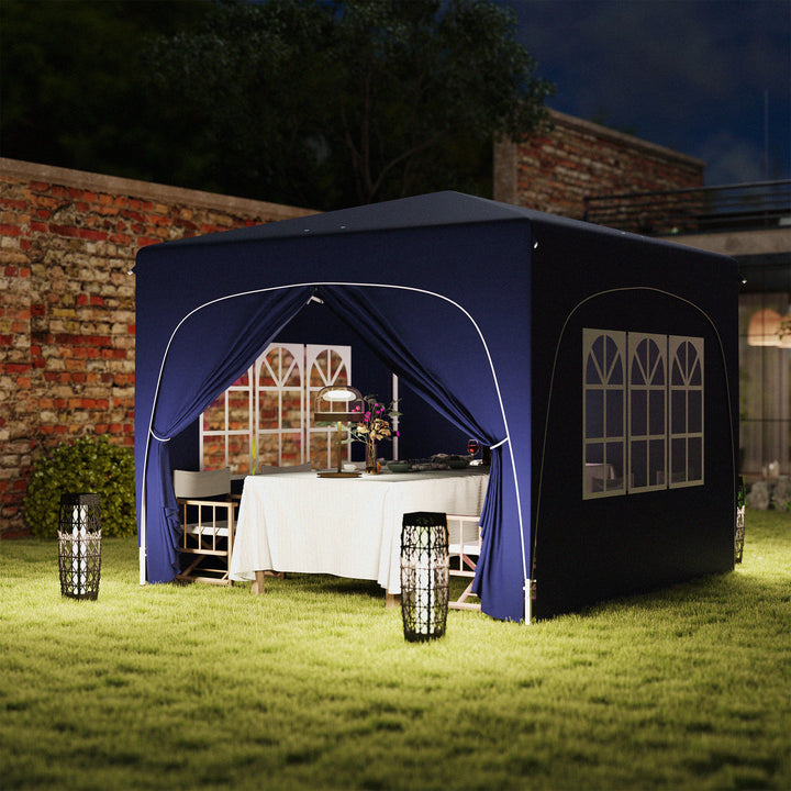 Tenda Dobrável Tenda 3x3 m com Painéis Laterais UPF50+ Tenda de Jardim com Altura Ajustável e Bolsa de Transporte para Campismo Festas Pátio Azul Escuro