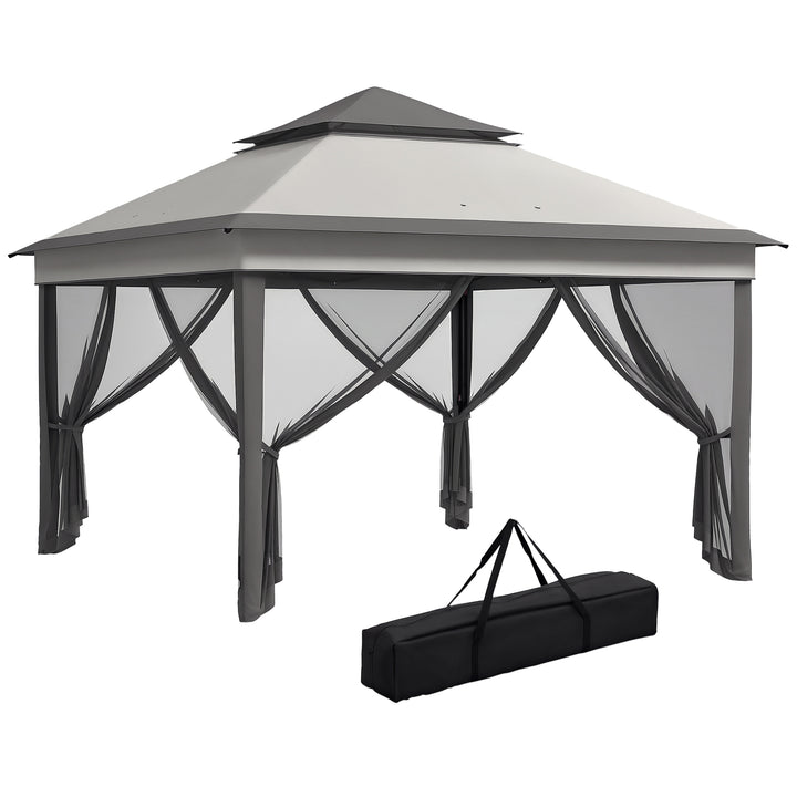 Tenda Dobrável 3,26x3,26x2,72 m Tenda de Jardim com Duplo Teto Altura Ajustável 4 Painéis de Malha Proteção UV30+ e Bolsa de Transporte para Festas Campismo Cinza