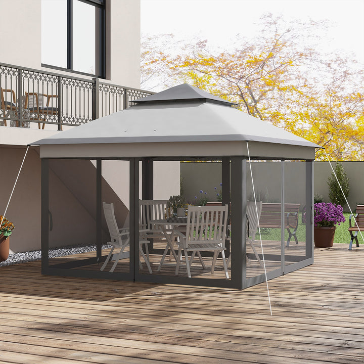 Tenda Dobrável 3,26x3,26x2,72 m Tenda de Jardim com Duplo Teto Altura Ajustável 4 Painéis de Malha Proteção UV30+ e Bolsa de Transporte para Festas Campismo Cinza