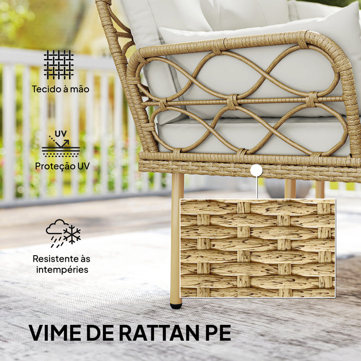 Conjunto de Jardim em Vime de 3 Peças de Móveis de Jardim Exterior com 1 Sofá de Dois Lugares 1 Espreguiçadeira 1 Mesa de Centro Metálica de 2 Níveis e Almofadas Anti-UV para Pátio Creme