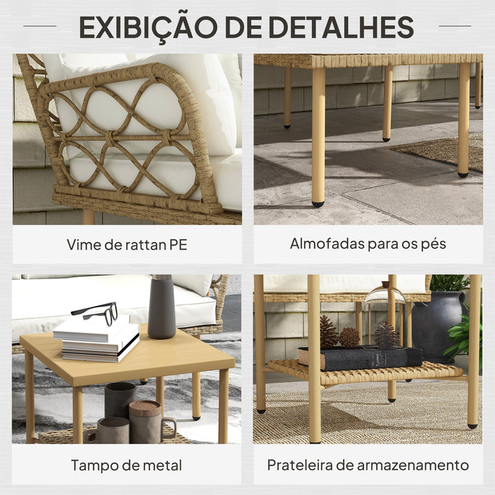 Conjunto de Jardim em Vime de 3 Peças de Móveis de Jardim Exterior com 1 Sofá de Dois Lugares 1 Espreguiçadeira 1 Mesa de Centro Metálica de 2 Níveis e Almofadas Anti-UV para Pátio Creme