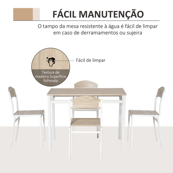 Conjunto de Mesa e Cadeiras de Refeição Mesa de Cozinha Retangular com 4 Cadeiras Estilo Moderno Estrutura Metálica para Espaços Pequenos Carvalho e Branco
