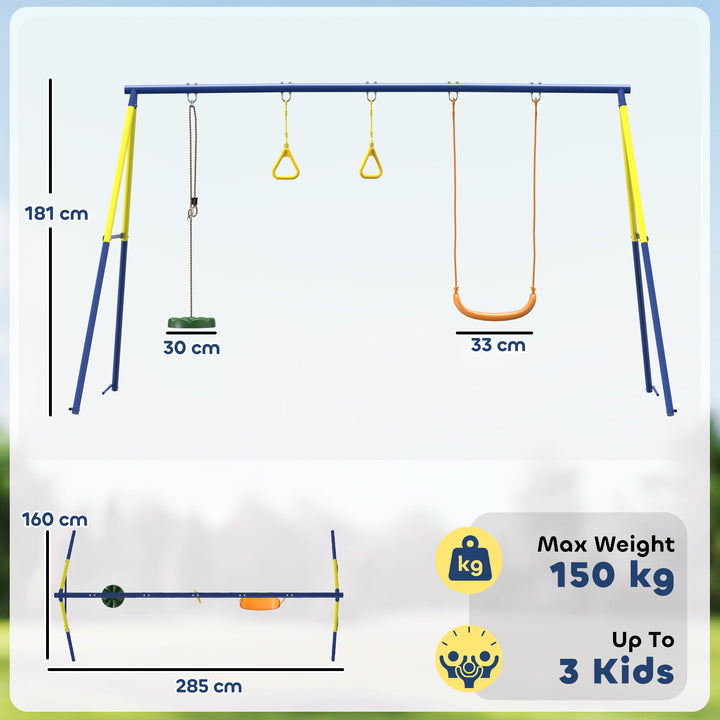 Baloiço Infantil 3 em 1 Baloiço com Argolas de Ginástica Suporta até 150 kg para Interior e Exterior Crianças dos 3 aos 8 Anos 285x160x181 cm Multicolor