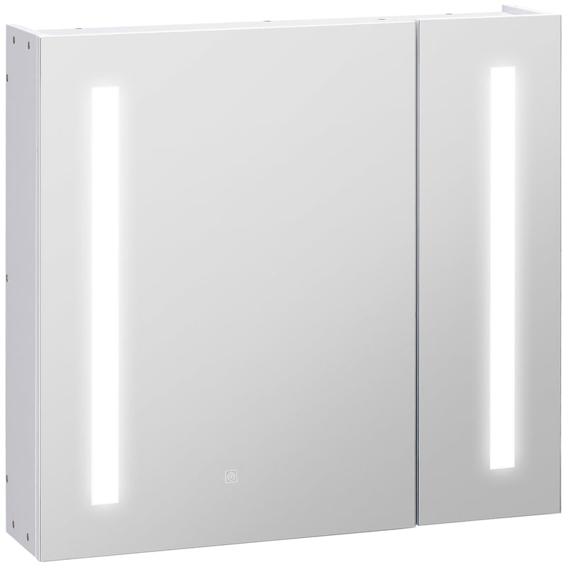 Armário com Espelho de Casa de Banho com Luz LED Armário de Casa de Banho Suspenso com 2 Portas e Interruptor Tátil Estilo Moderno 70x15x65 cm Branco