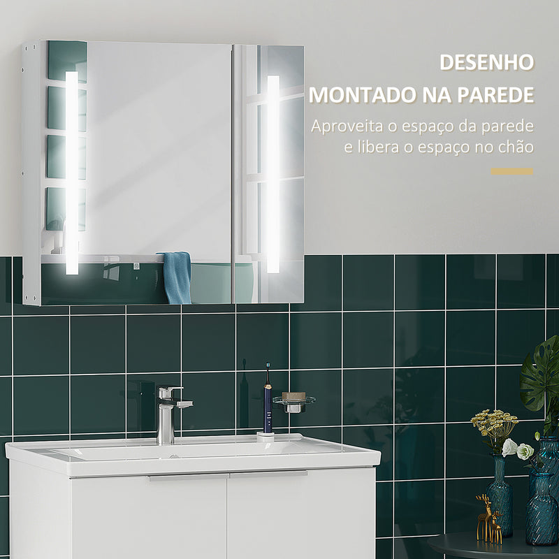 Armário com Espelho de Casa de Banho com Luz LED Armário de Casa de Banho Suspenso com 2 Portas e Interruptor Tátil Estilo Moderno 70x15x65 cm Branco