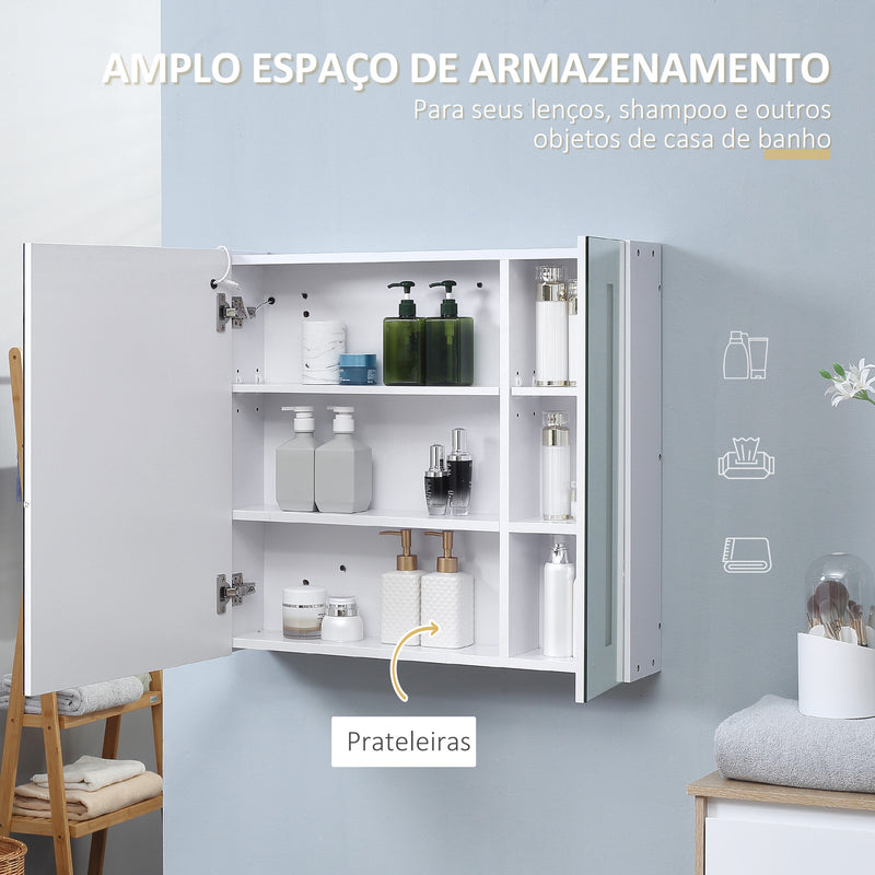 Armário com Espelho de Casa de Banho com Luz LED Armário de Casa de Banho Suspenso com 2 Portas e Interruptor Tátil Estilo Moderno 70x15x65 cm Branco