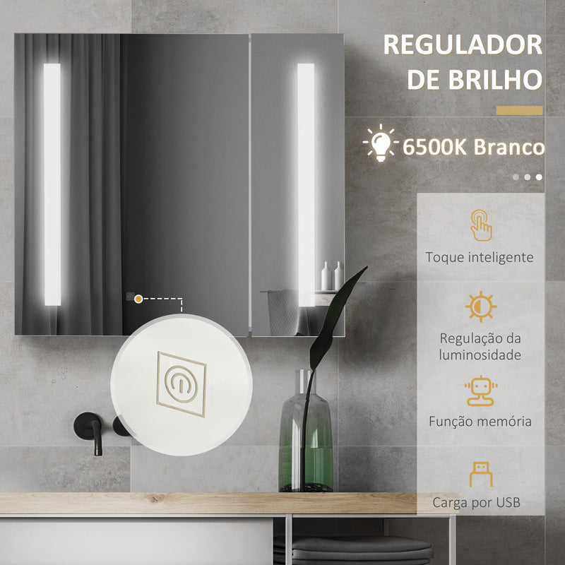 Armário com Espelho de Casa de Banho com Luz LED Armário de Casa de Banho Suspenso com 2 Portas e Interruptor Tátil Estilo Moderno 70x15x65 cm Branco