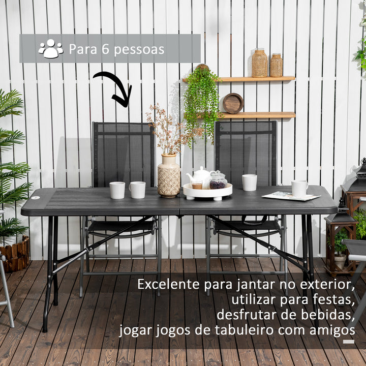 Mesa Dobrável de Jardim Retangular Portátil 180x75,5x73 cm Mesa de Refeição de Exterior em Aço e HDPE com Alça de Transporte para 6 Pessoas Carga 100 kg Cinza Escuro