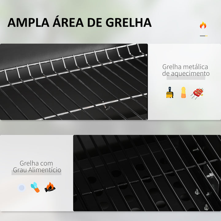 Barbecue a Carvão com Rodas Barbecue com Tampa Grelhas de Aço Inoxidável Termômetro Fogão Ajustável Bandeja Lateral e Prateleira 113x65x108 cm Preto