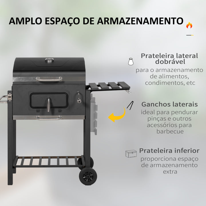 Barbecue a Carvão com Rodas Barbecue com Tampa Grelhas de Aço Inoxidável Termômetro Fogão Ajustável Bandeja Lateral e Prateleira 113x65x108 cm Preto