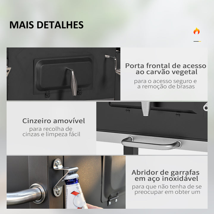 Barbecue a Carvão com Rodas Barbecue com Tampa Grelhas de Aço Inoxidável Termômetro Fogão Ajustável Bandeja Lateral e Prateleira 113x65x108 cm Preto